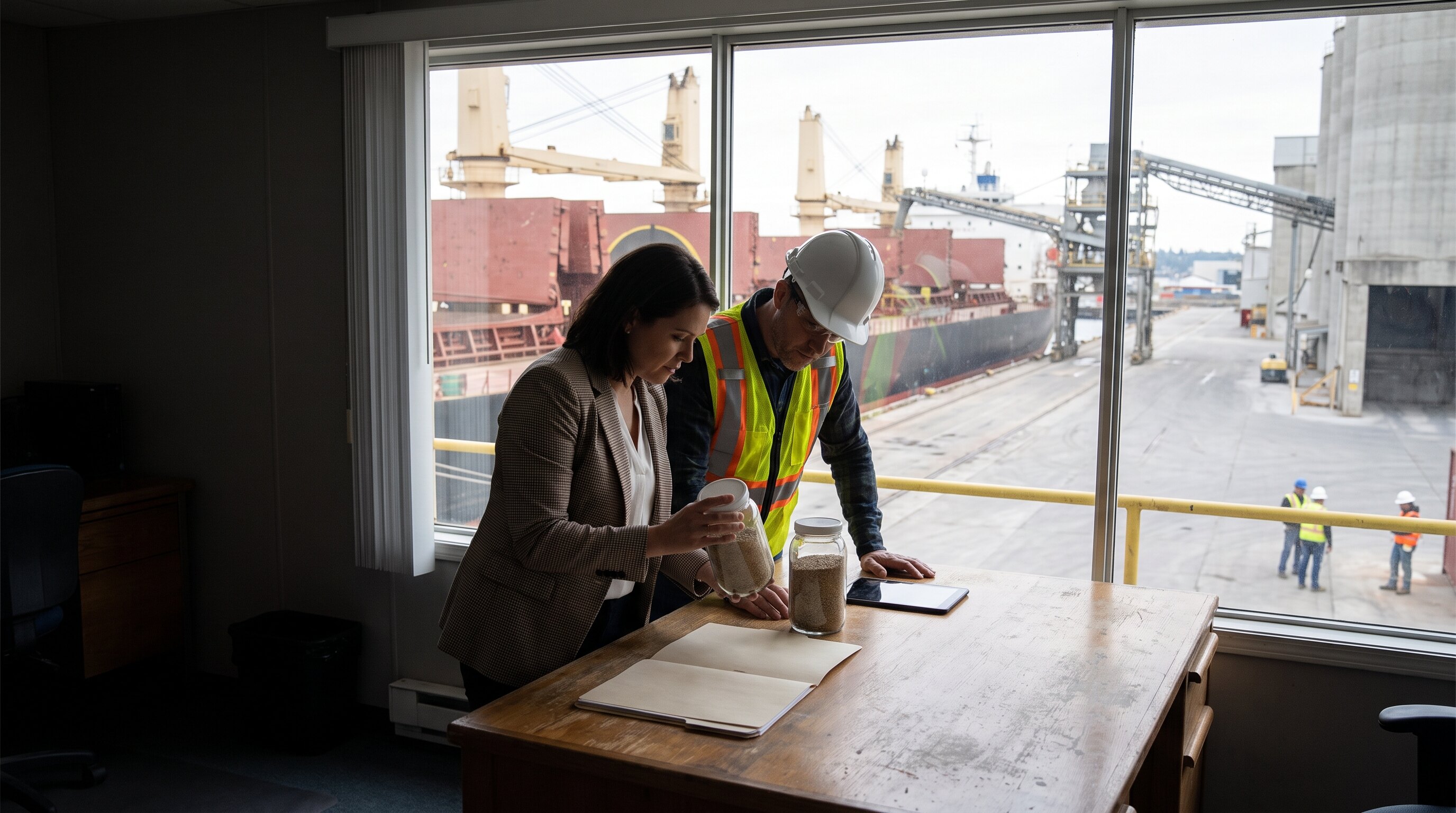 Buyer representative and cargo surveyor reviewing a proposed commodity shipment