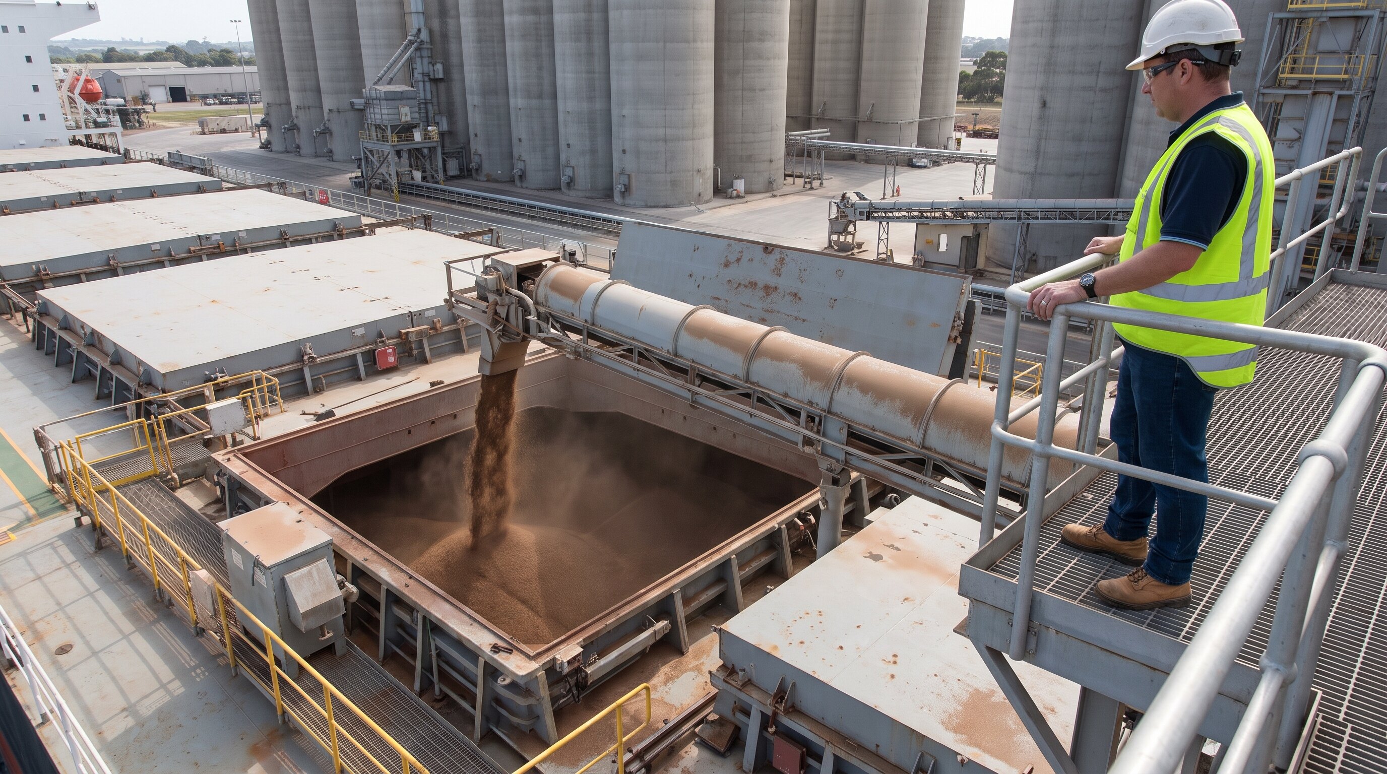 Export-terminal operator monitoring dry-bulk loading