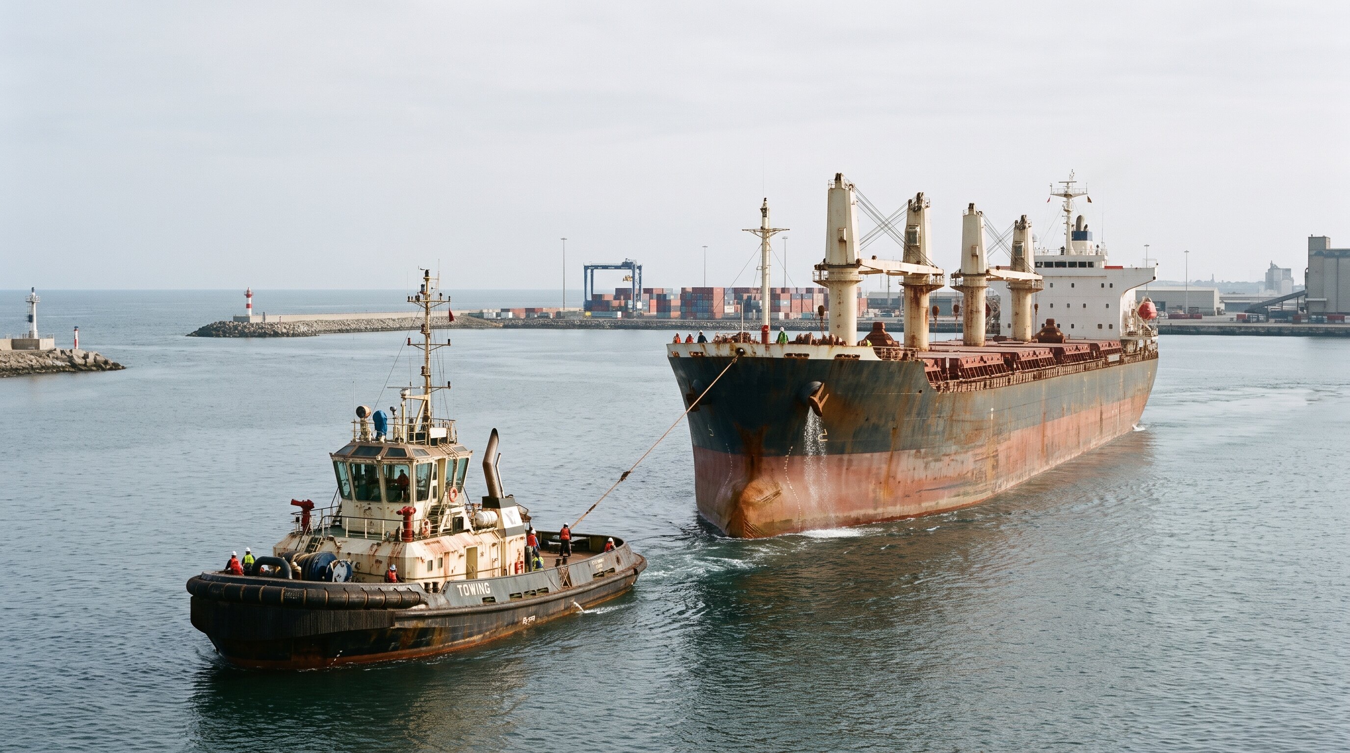 Harbour tug assisting a dry-bulk carrier near an international port