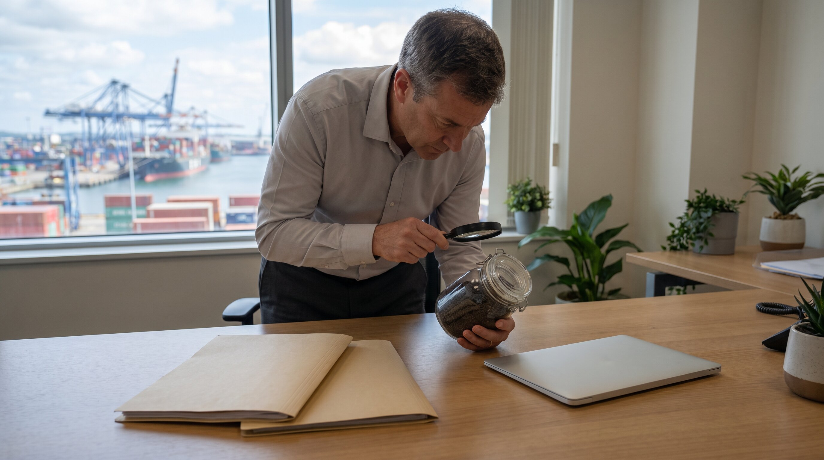 Commodity trade documents and sealed inspection sample under review