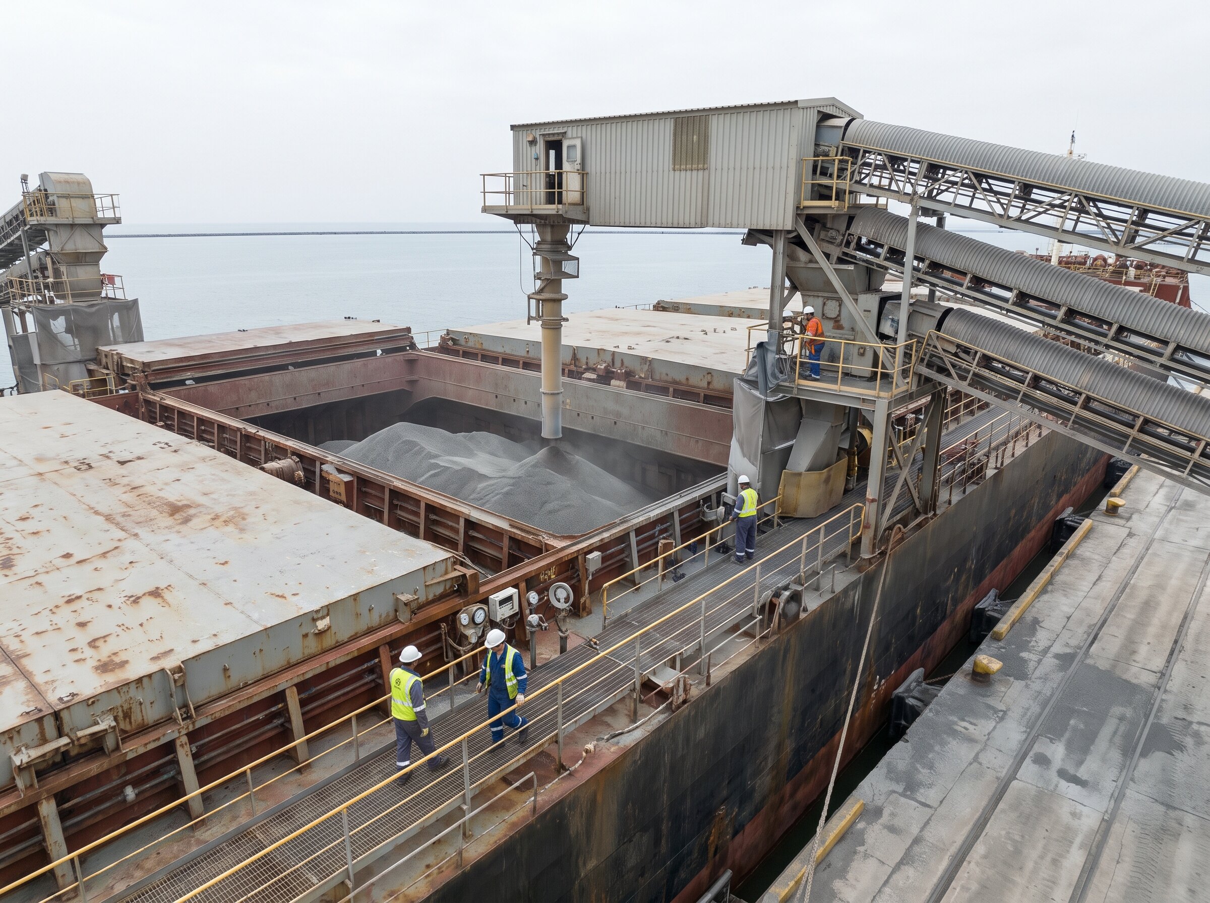 Origin logistics cargo-loading infrastructure aligned to a dry-bulk vessel