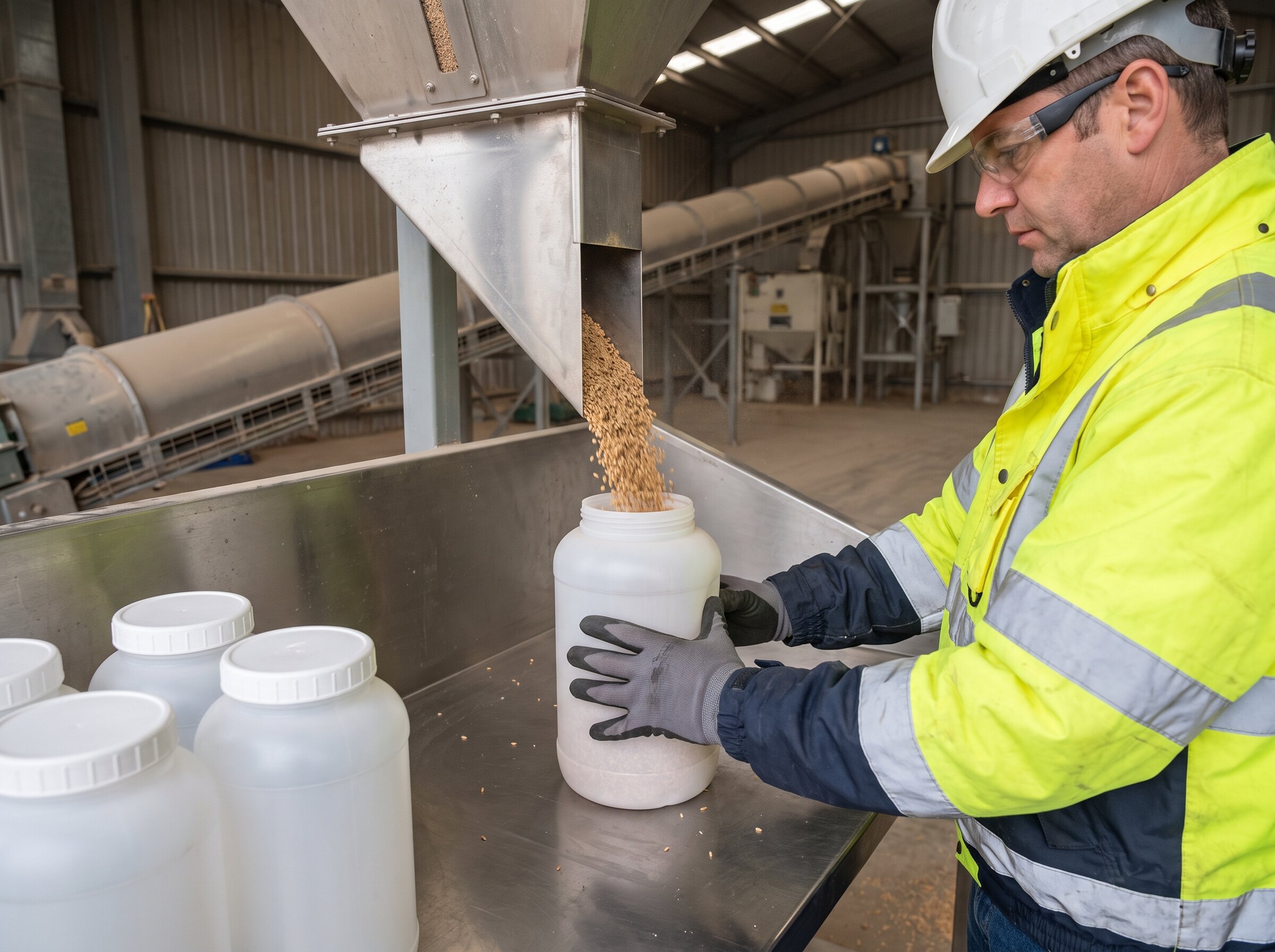 Independent surveyor collecting and sealing a representative grain sample
