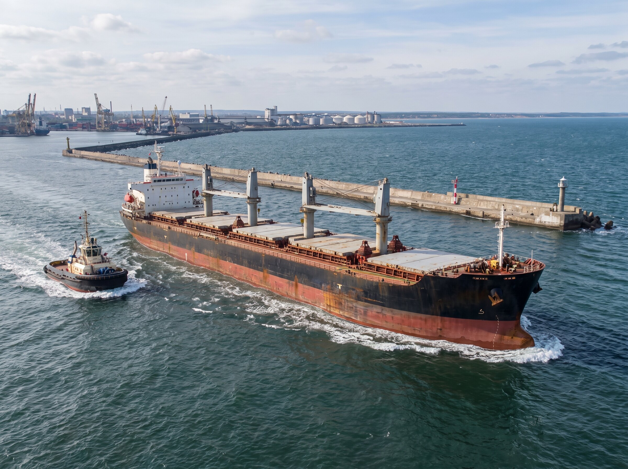 Dry-bulk carrier and harbour tug clearing a port breakwater