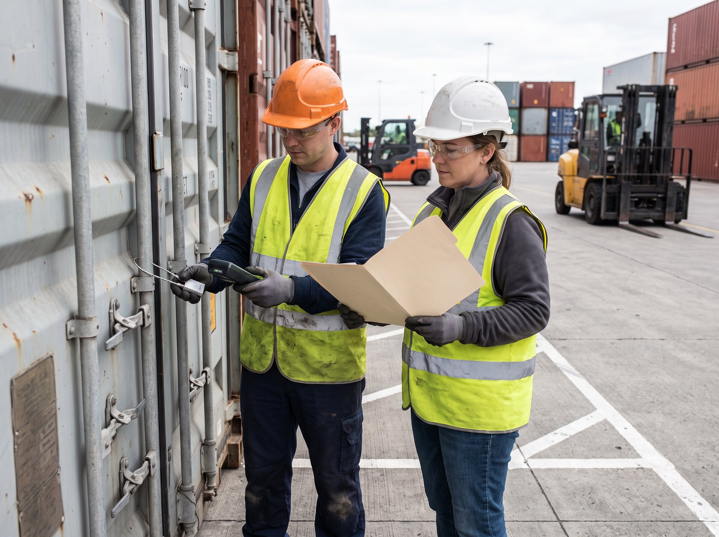 Cargo professional checking a seal while a colleague reviews a document folder