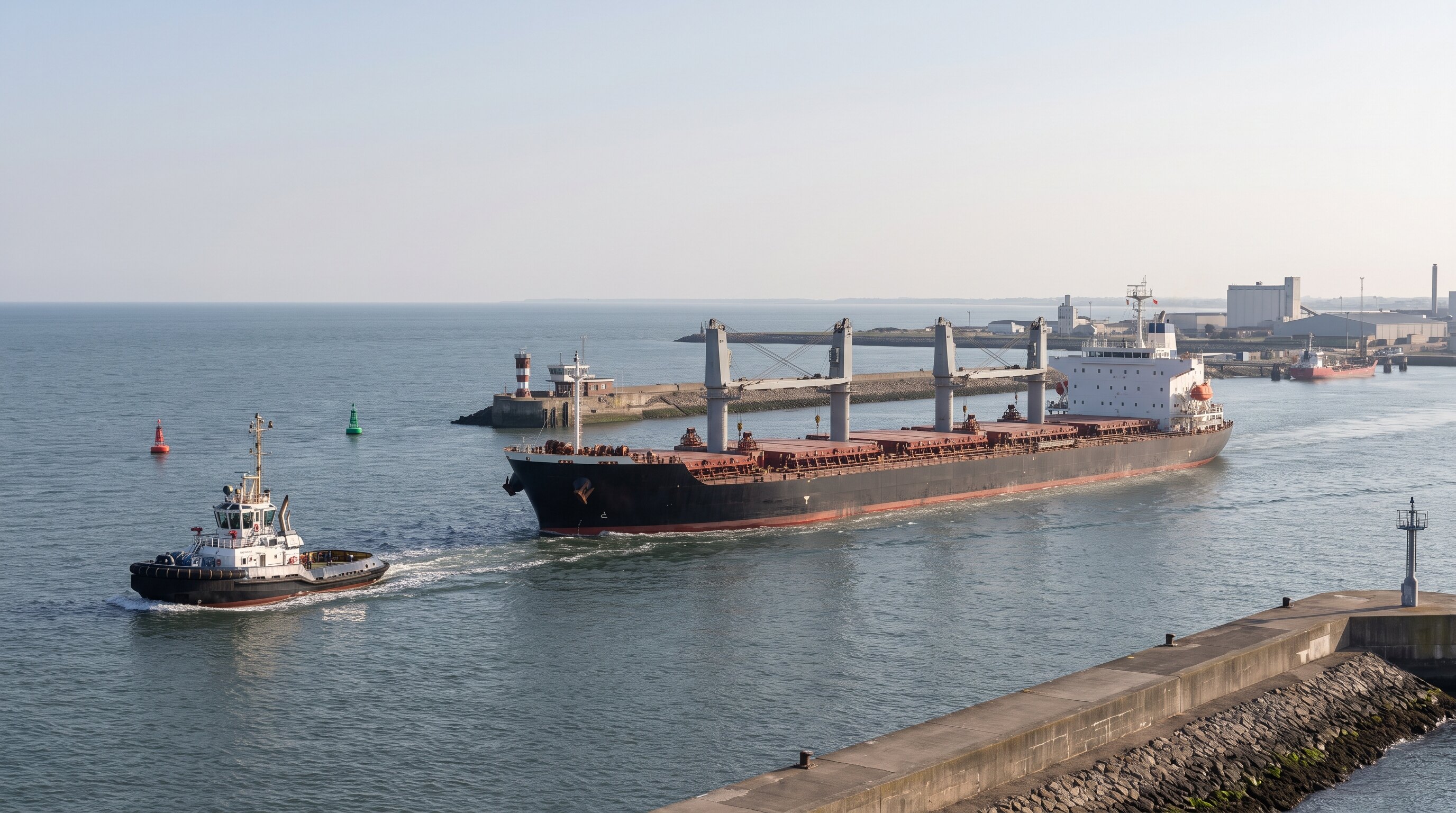Dry-bulk carrier under way near an international port