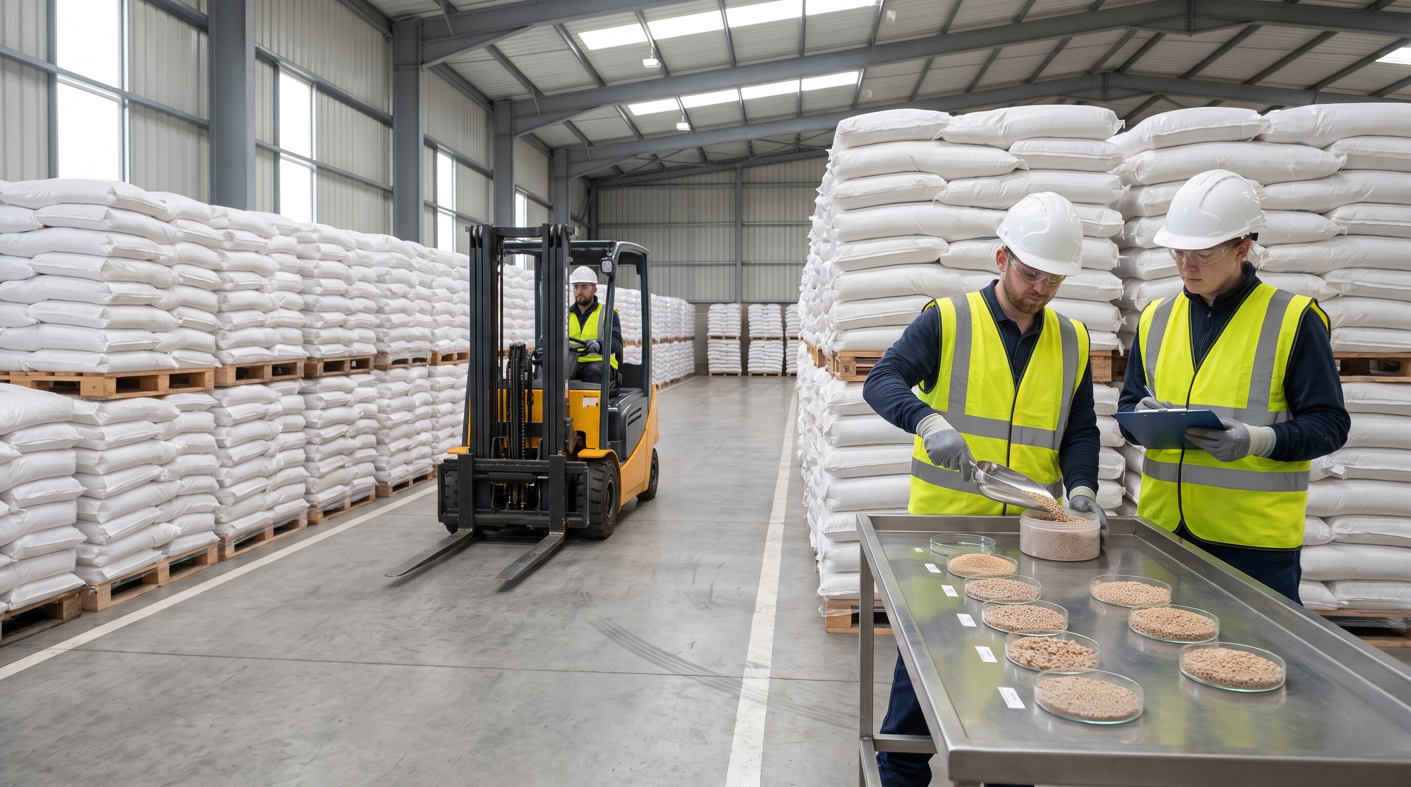Bagged fertilizer and inspection samples in a dry warehouse