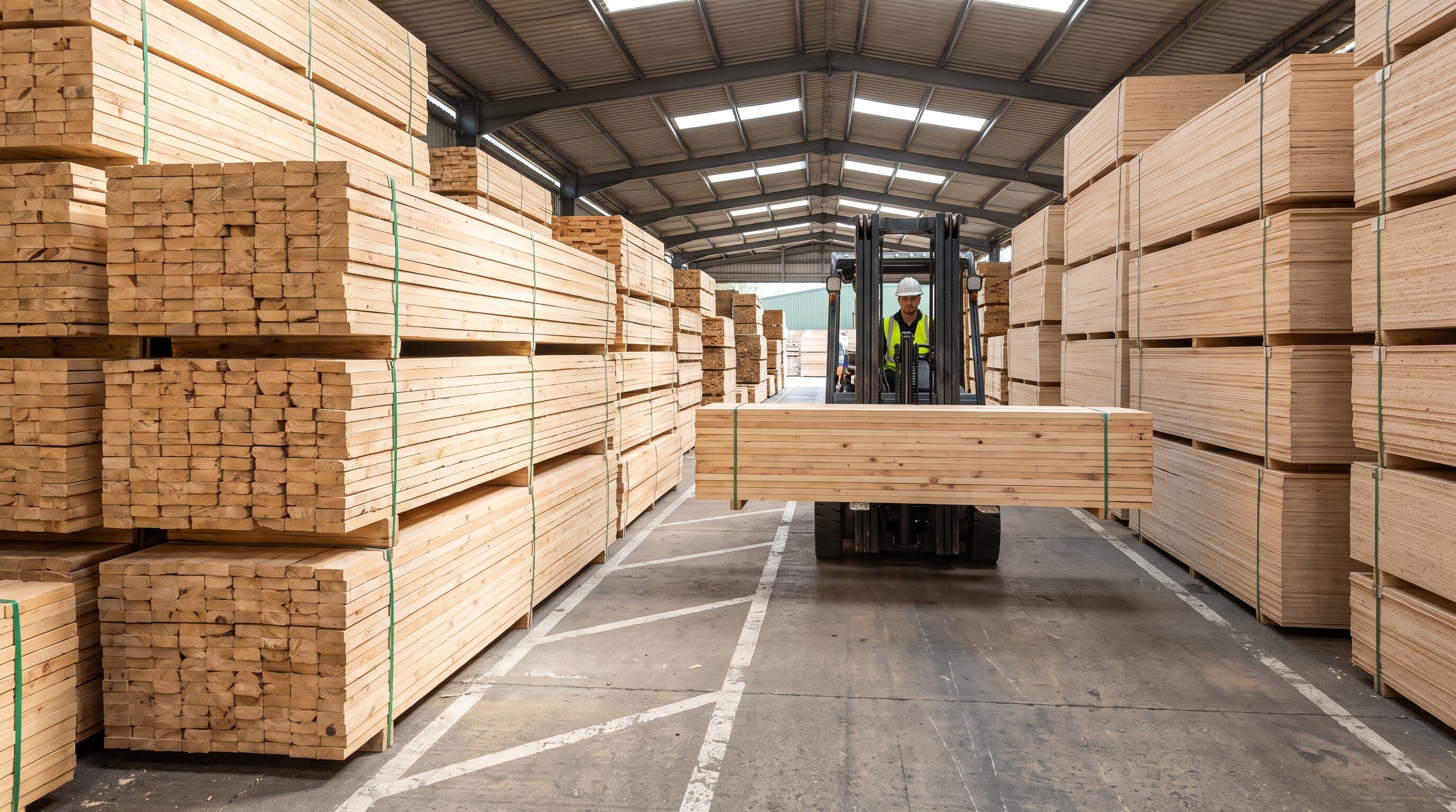 Timber and wood-panel bundles in covered storage